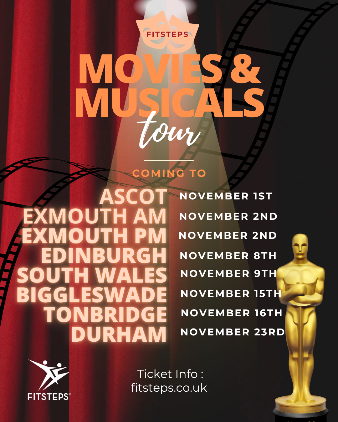 Promotional poster for Fitsteps Movies & Musicals tour with a red curtain and Oscar statue.
